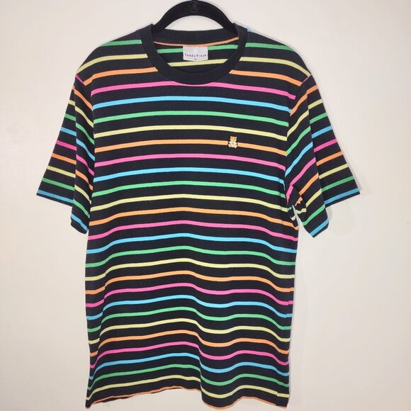 Teddy Fresh Men's Multicolor Striped T-Shirt Crewneck Streetwear Grunge Medium - Picture 5 of 11